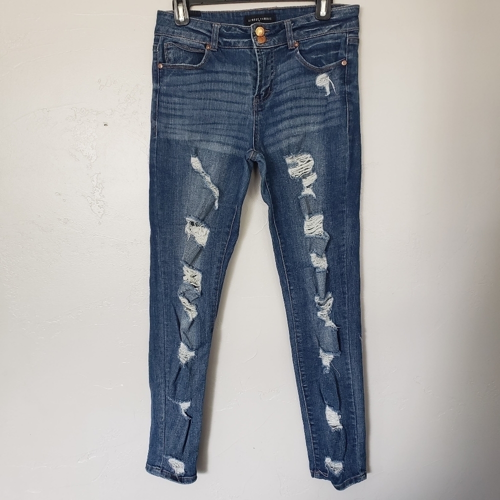 Almost Famous Size 7 Medium Wash Denim Distressed Skinny Jeans Two Button Fly